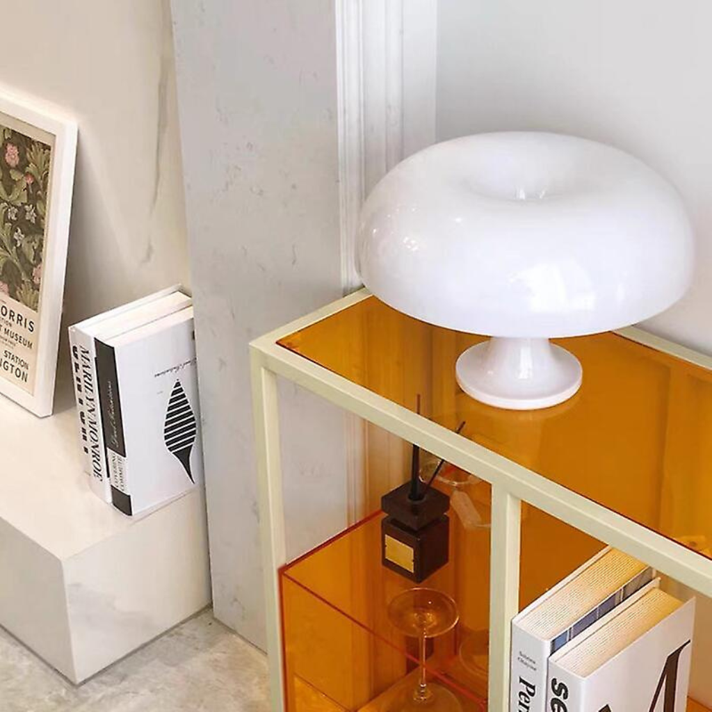 white Modern Mushroom Lamp on shelf