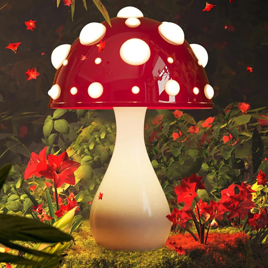 Red capped mushroom lamp with white base