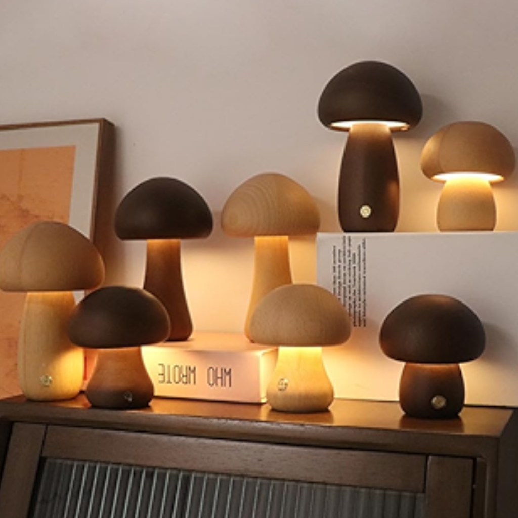 8 Mushroom Bedside Table Lamp of varying sizes and colors 