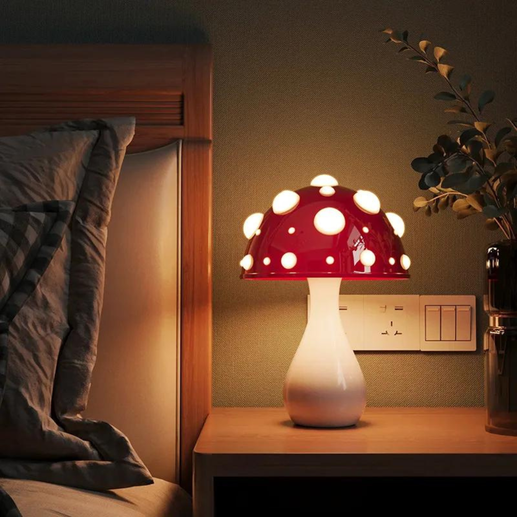 Red capped mushroom lamp on bedside table