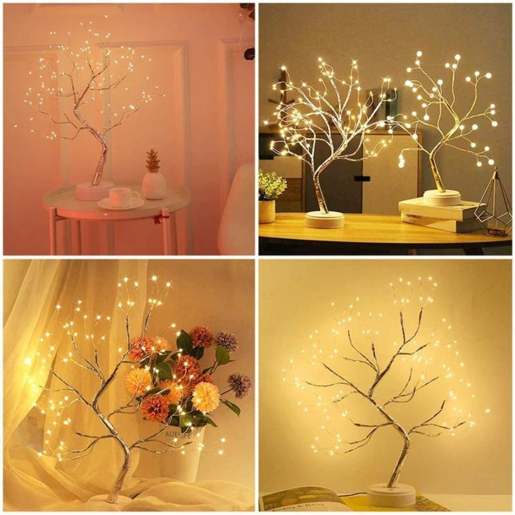 Twinkling tree lights on different surfaces