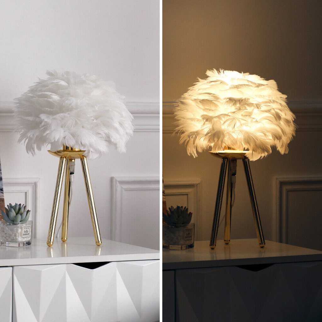 Modern Feather LED Table Lamp on vs off