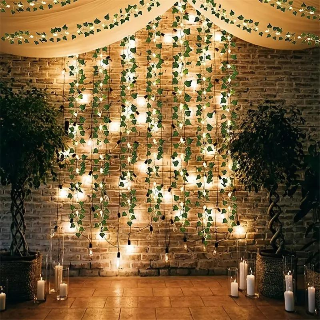 Enchanting Leaf String Lights hanging on brick wall