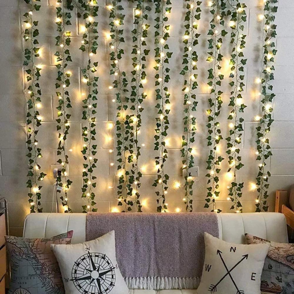 Enchanting Leaf String Lights hanging behind a dorm couch