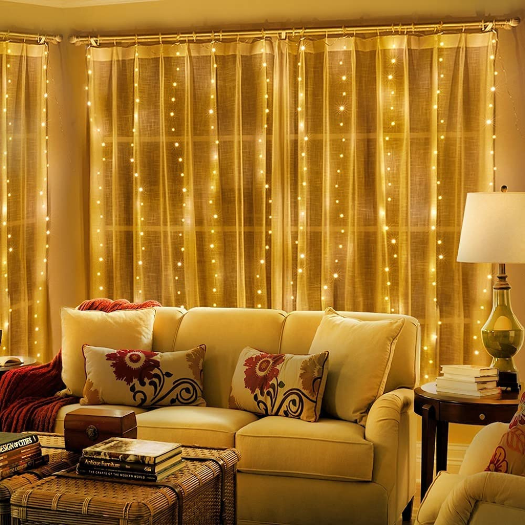 Fairy Curtain String Lights hung with curtains