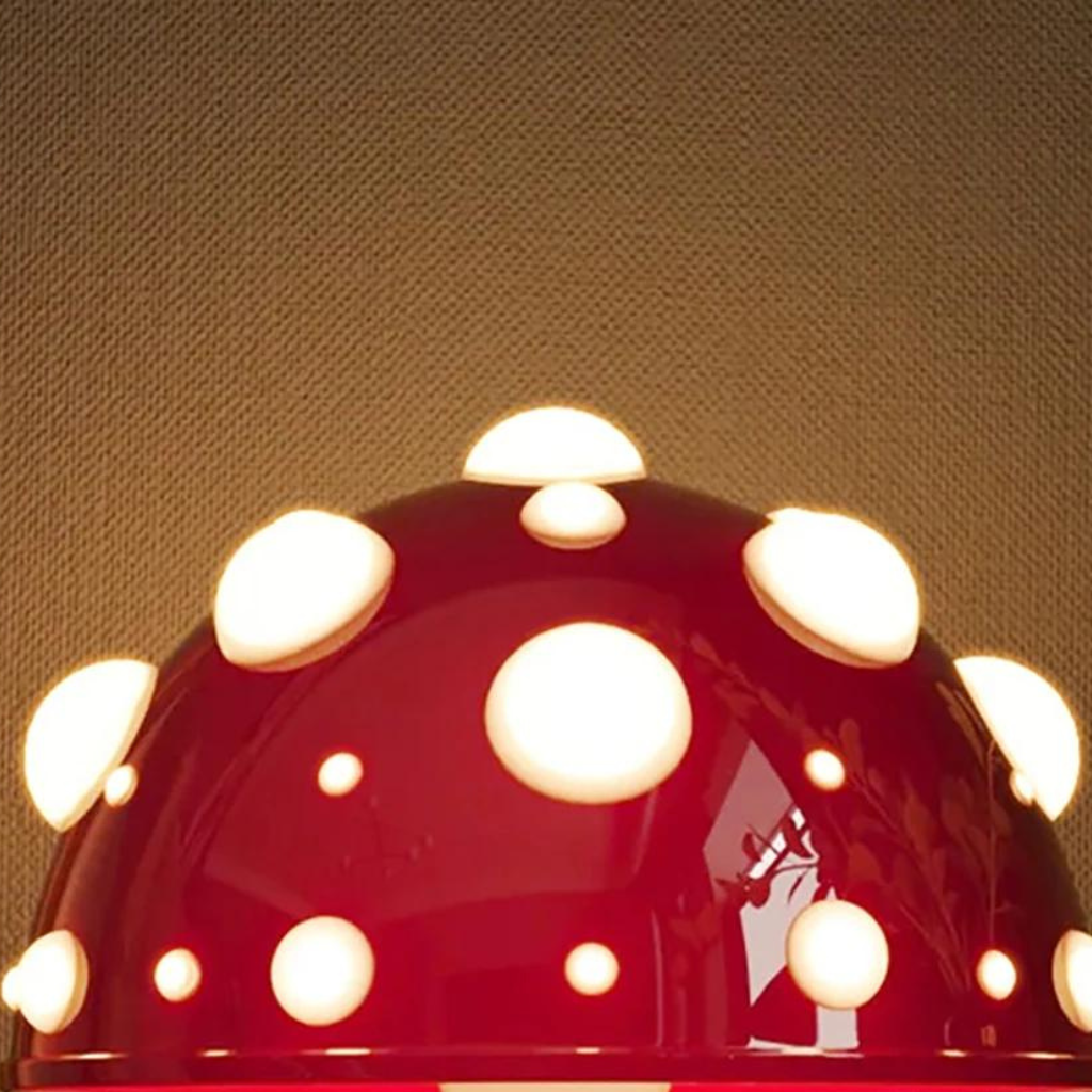 close up of Red capped mushroom lamp on a desk