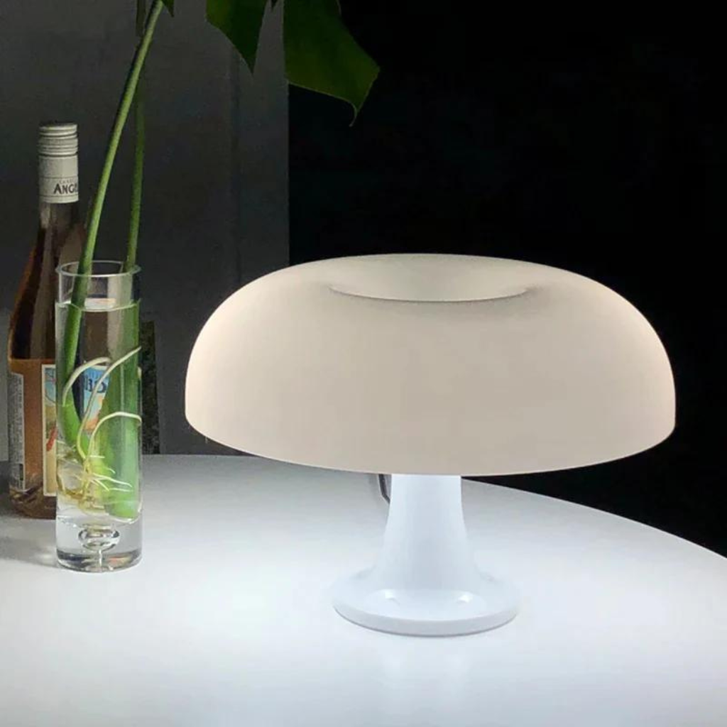 White mushroom lamp on table 